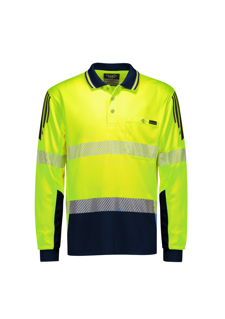 Mens Hi Vis Flux Segmented Tape Long Sleeve Polo - Yellow/Navy