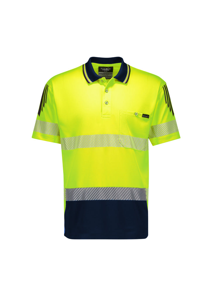 Mens Hi Vis Flux Segmented Tape Short Sleeve Polo - Yellow/Navy