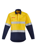 Mens Orange Flame Hi Vis Closed Front Shirt - Hoop Taped - Yellow/Navy
