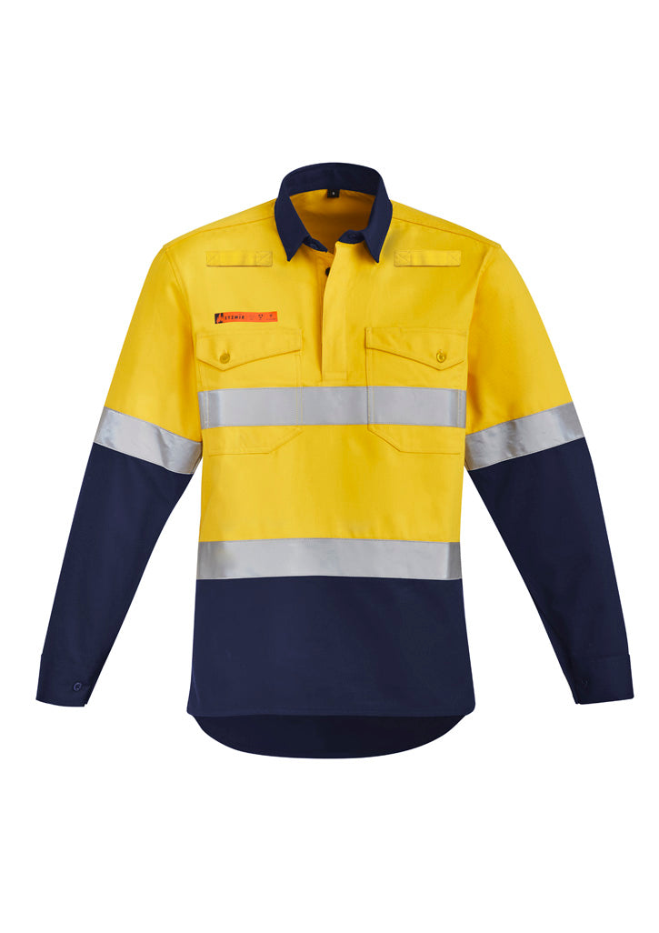 Mens Orange Flame Hi Vis Closed Front Shirt - Hoop Taped - Yellow/Navy